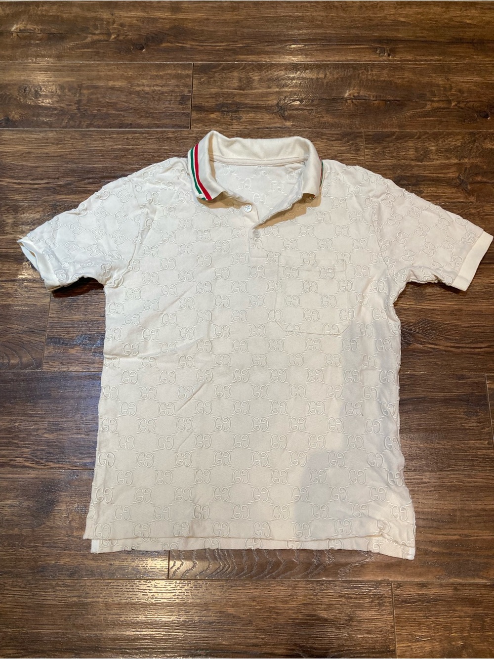 Gucci Cream Polo with Embossed GG and Red-Green Trim